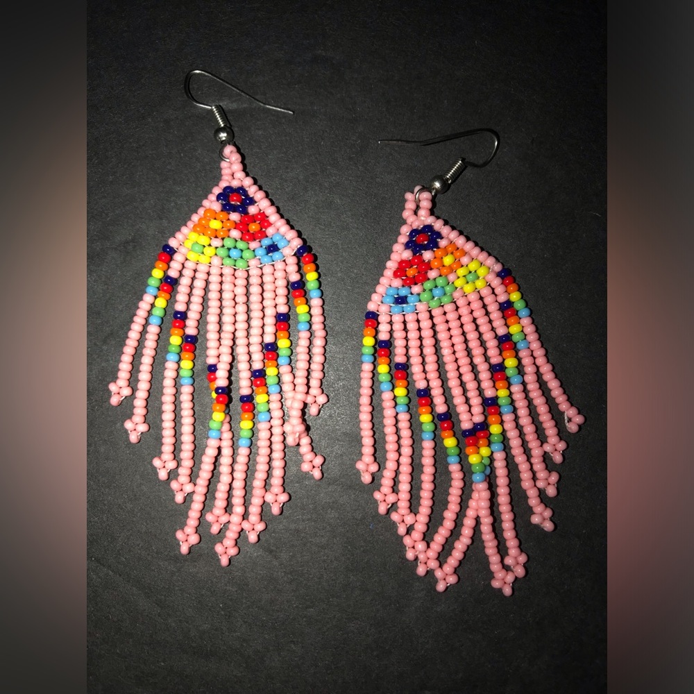 Pink/Multicolored Dangling Fringe Beaded Handmade Mexican Boho Folk Art Earrings